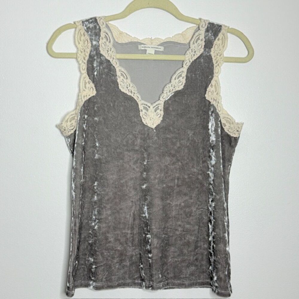 VTG Banana Republic Y2K Gray Velour Lace Stretchy Stylish Sleeveless Tank Top L